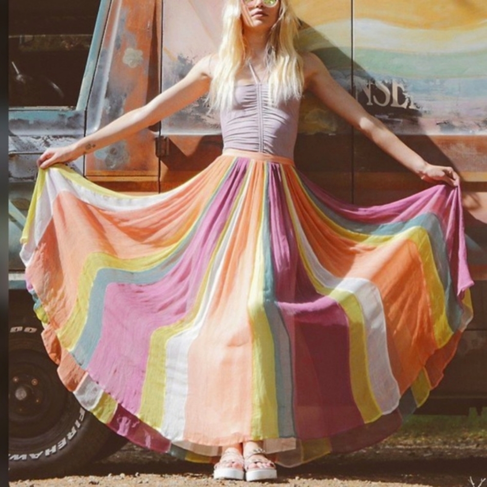 Free People kaleidoscope rainbow stripe maxi skirt